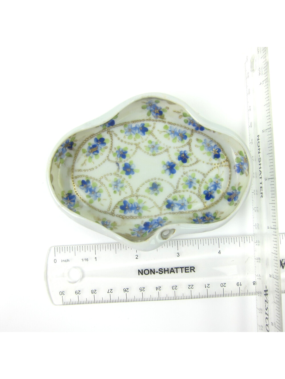 Antique Porcelain Dish Hand Painted Blue Flowers Green Gold Accents Japan Mikado - Picture 10 of 13